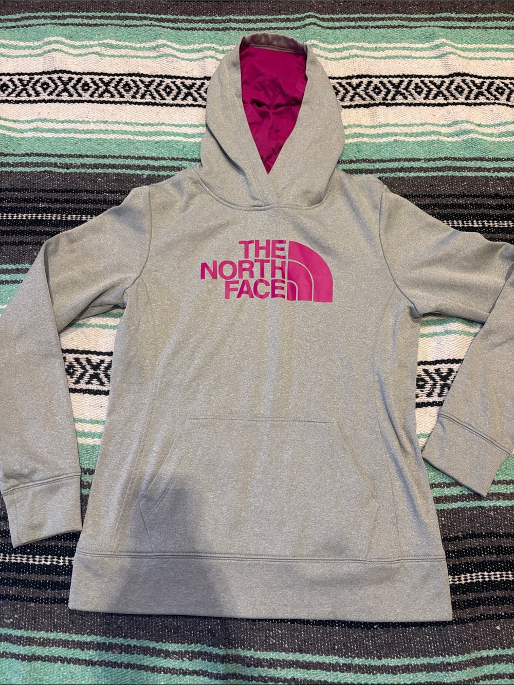 The North Face Women's Light Gray Hoodie with Magenta Logo